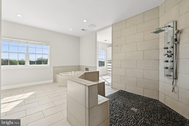 bathroom with plenty of natural light, baseboards, walk in shower, and a bath