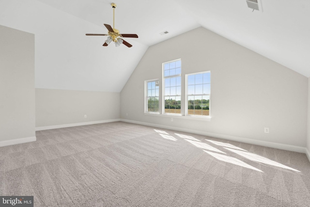 bonus room with baseboards, carpet flooring, ceiling fan, and vaulted ceiling