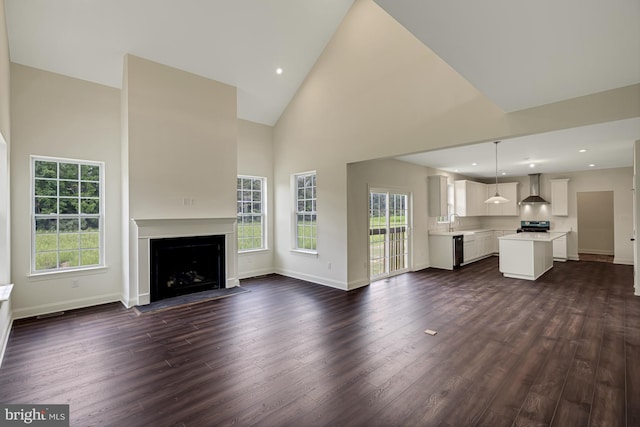 unfurnished living room featuring dark hardwood / wood-style flooring, high vaulted ceiling, and sink