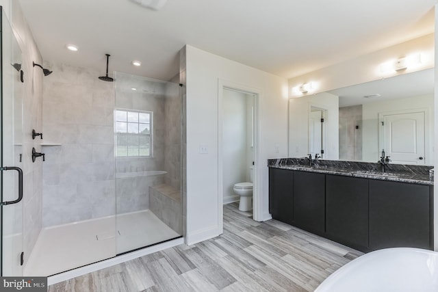 bathroom featuring a shower with door, vanity, and toilet