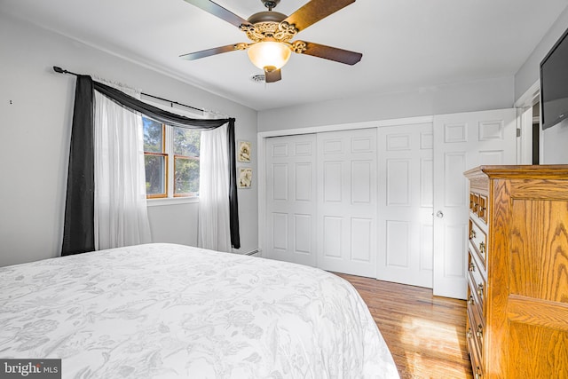 bedroom featuring a closet, ceiling fan, and hardwood / wood-style floors