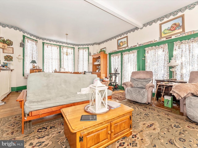 living room featuring radiator, beam ceiling, and light hardwood / wood-style flooring