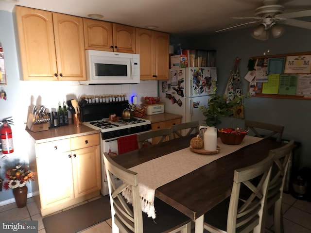 kitchen with white appliances, ceiling fan, light brown cabinetry, tasteful backsplash, and light tile patterned flooring