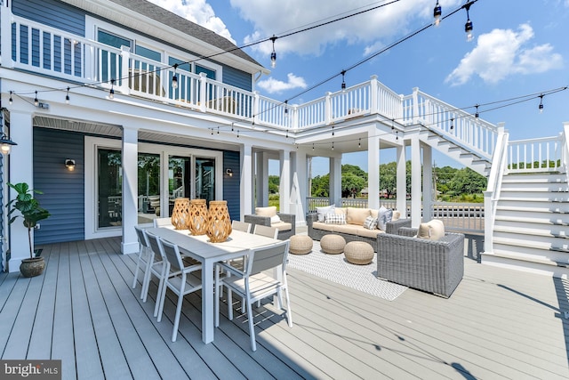 30461 Blue Beech Ln, Frankford, DE 19945 - wooden terrace with an outdoor living space, outdoor dining area, and stairway