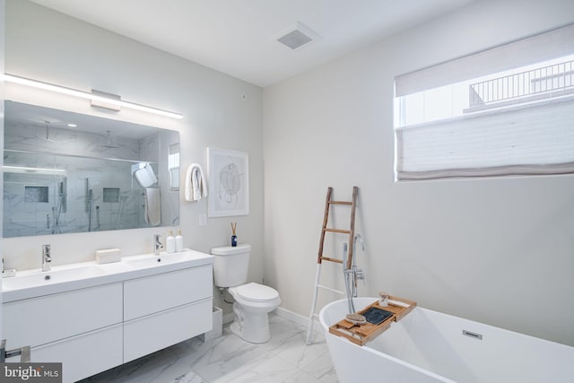 bathroom featuring vanity and independent shower and bath