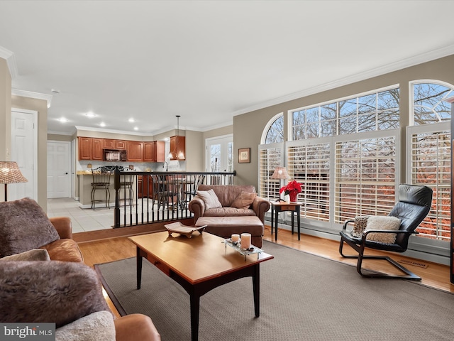 living room with light hardwood / wood-style flooring, a healthy amount of sunlight, and crown molding