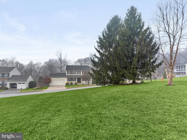 view of yard with a garage