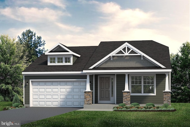 craftsman house featuring a front lawn, a porch, and a garage