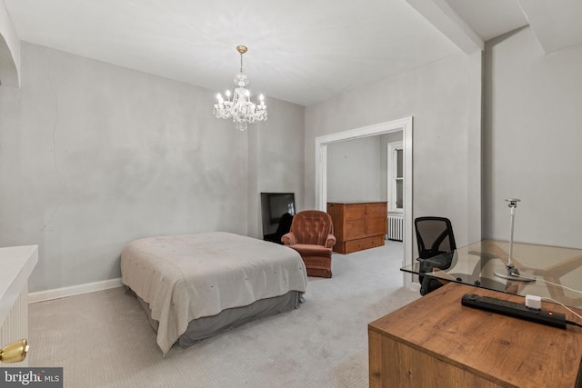 bedroom featuring radiator, light carpet, and an inviting chandelier