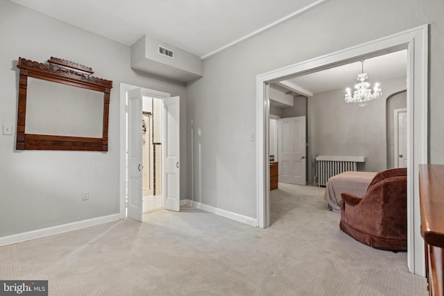 interior space with light carpet and a chandelier