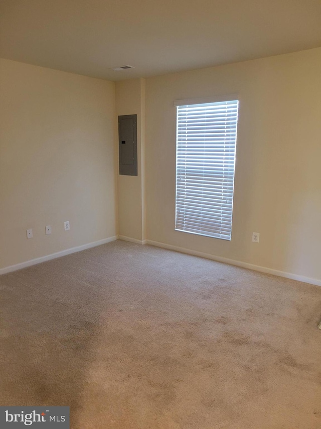 carpeted spare room with electric panel