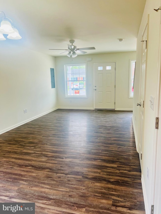 foyer entrance with ceiling fan and dark hardwood / wood-style floors