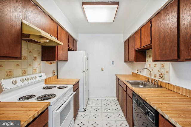 kitchen featuring dishwasher, backsplash, white range with electric cooktop, and sink