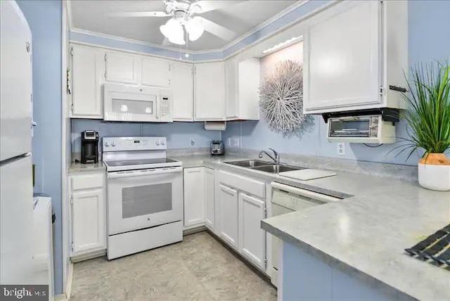 kitchen featuring sink, white cabinets, white appliances, and ornamental molding