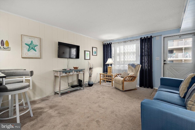 living room with a textured ceiling, carpet floors, and ornamental molding