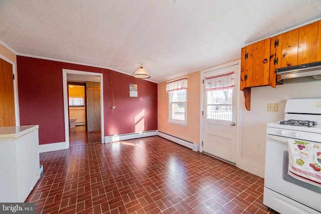 kitchen featuring ornamental molding, a baseboard radiator, and gas range gas stove