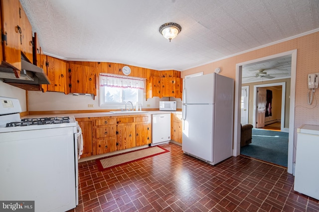 kitchen with white appliances, ventilation hood, crown molding, sink, and ceiling fan