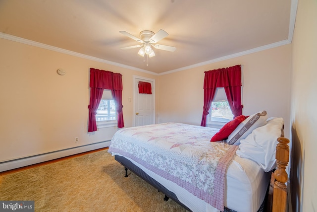 carpeted bedroom featuring ceiling fan, a baseboard heating unit, ornamental molding, and multiple windows