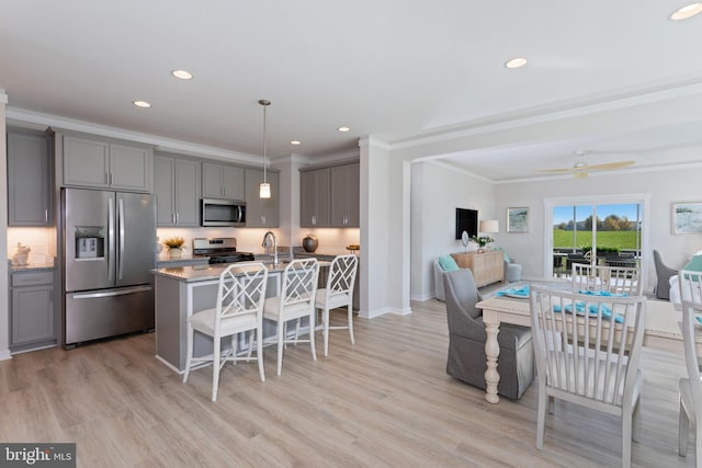 kitchen featuring gray cabinetry, light hardwood / wood-style flooring, pendant lighting, and appliances with stainless steel finishes