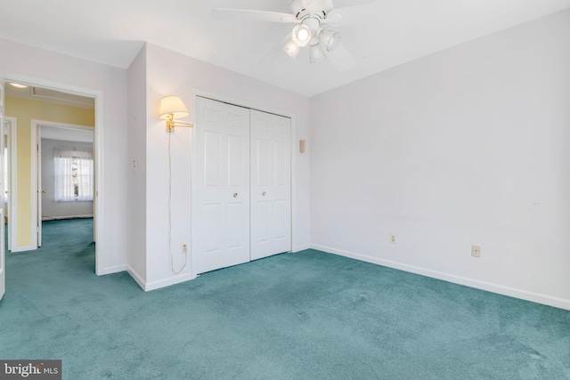 unfurnished bedroom featuring carpet floors, a closet, and ceiling fan