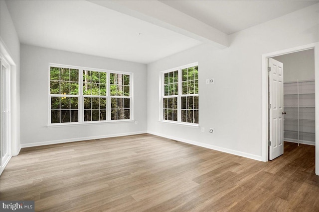 interior space featuring beam ceiling, a spacious closet, and light wood-type flooring