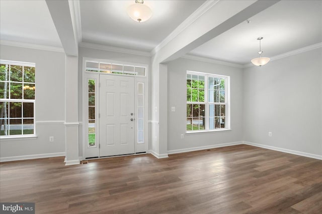 foyer featuring dark hardwood / wood-style floors, crown molding, and a wealth of natural light