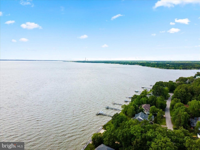 drone / aerial view featuring a water view