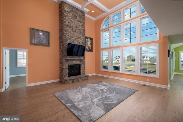 living room featuring hardwood / wood-style floors, a towering ceiling, and a stone fireplace