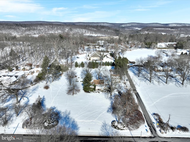 snowy aerial view with a mountain view