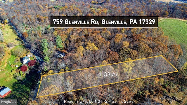 759 Glenville Rd, Glenville, PA 17329 - aerial view of property's location with property parcel outlined and a heavily wooded area