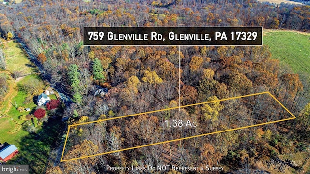 759 Glenville Rd, Glenville, PA 17329 - aerial view of property and surrounding area with property parcel outlined and a forest