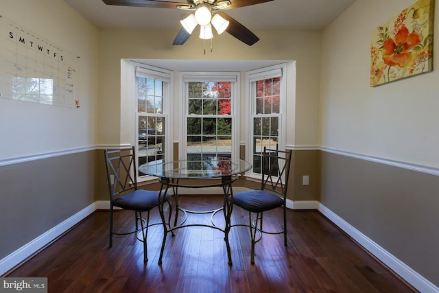 dining room with ceiling fan and dark wood-type flooring