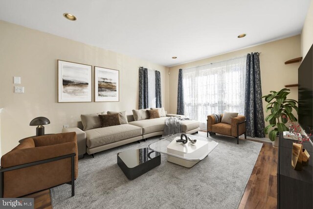 living room with dark hardwood / wood-style flooring