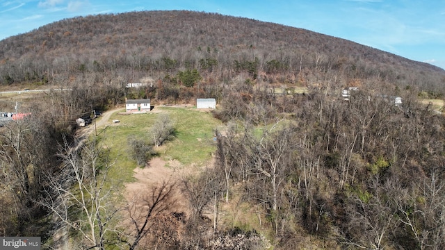 drone / aerial view featuring a mountain view