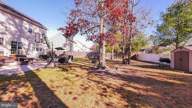 view of yard featuring a storage shed and a patio area