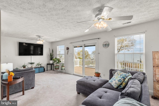 living room with light colored carpet and a textured ceiling