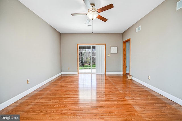 unfurnished room with ceiling fan and light hardwood / wood-style flooring