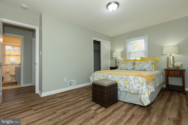 bedroom with dark hardwood / wood-style flooring, a closet, and connected bathroom