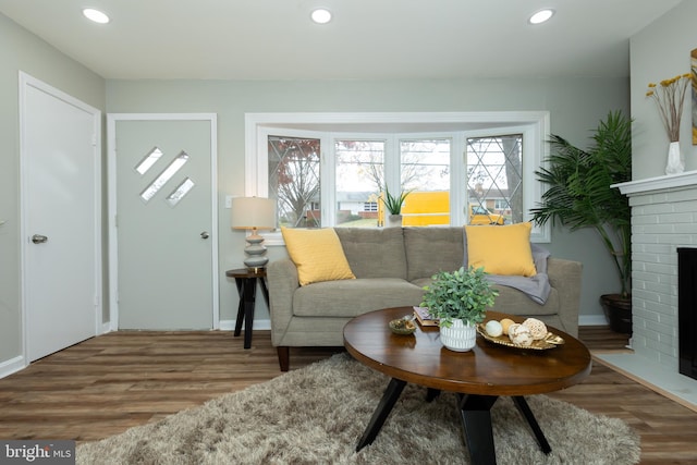 living room featuring a fireplace and hardwood / wood-style floors