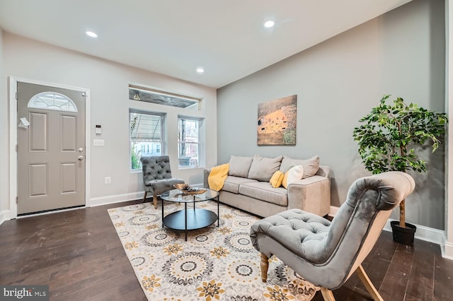 living room with dark hardwood / wood-style flooring