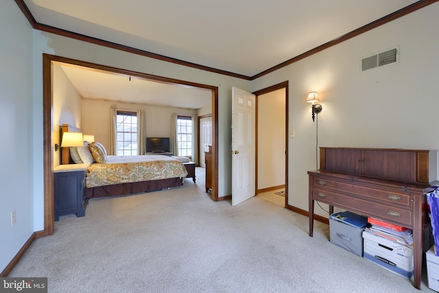 bedroom featuring crown molding and light carpet