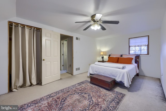 carpeted bedroom with ceiling fan