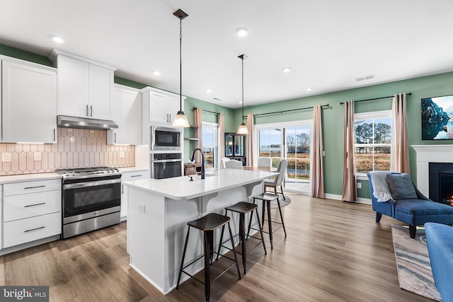 kitchen featuring white cabinetry, a kitchen island with sink, wood-type flooring, and appliances with stainless steel finishes