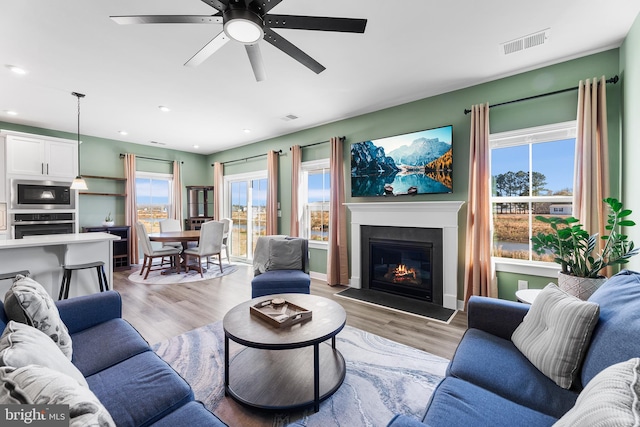 living room featuring ceiling fan and light wood-type flooring