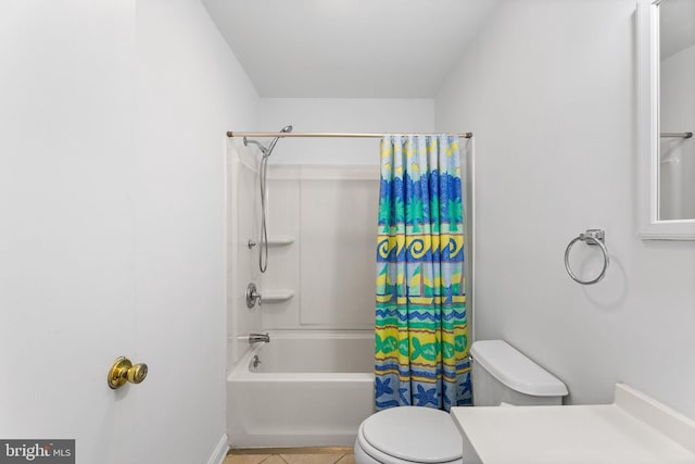 bathroom featuring tile patterned flooring, shower / bath combination with curtain, and toilet