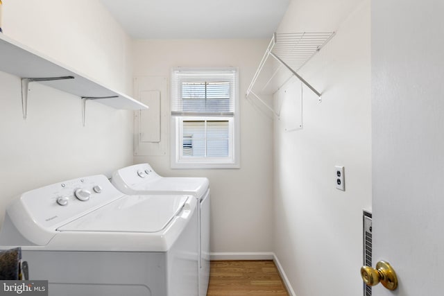 clothes washing area featuring wood-type flooring and washing machine and clothes dryer