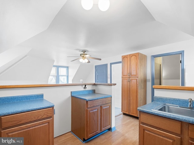 kitchen featuring light wood-type flooring, ceiling fan, and sink