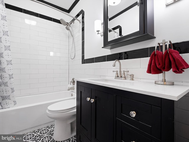 full bathroom featuring shower / bath combo, vanity, toilet, tile walls, and tasteful backsplash