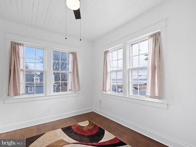 interior space featuring hardwood / wood-style flooring, ceiling fan, and wood ceiling