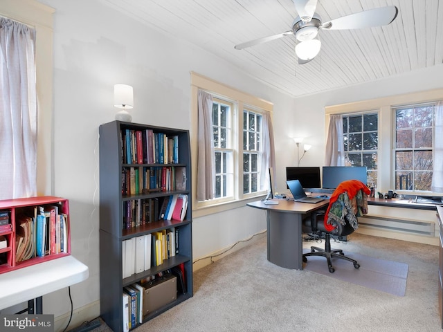 carpeted office featuring ceiling fan, wooden ceiling, and a baseboard radiator